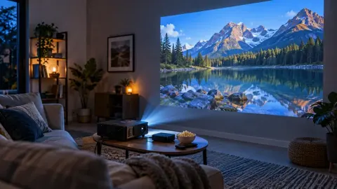 Projetor sobre mesa de centro exibindo montanhas e lago na parede de sala de estar.