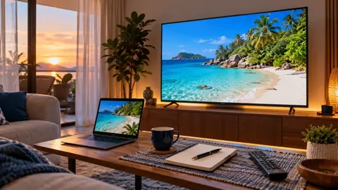 Televisão e notebook com praia tropical, caderno e caneca sobre mesa de centro.