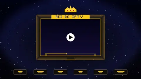 Arte do Rei do IPTV com coroa, moldura de vídeo e botão de reprodução.