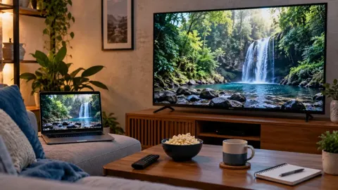 Televisão e notebook com cachoeira, caneca e controle em mesa de centro de sala iluminada.