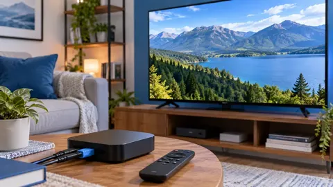 Aparelho de reprodução com cabos e controle remoto em mesa de centro, diante de televisão com paisagem de lago.