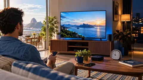 Pessoa no sofá com controle diante de televisão com montanhas ao entardecer; relógio no móvel.