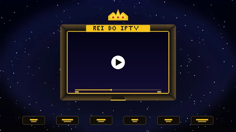 Arte do Rei do IPTV com coroa, moldura de vídeo e botão de reprodução.