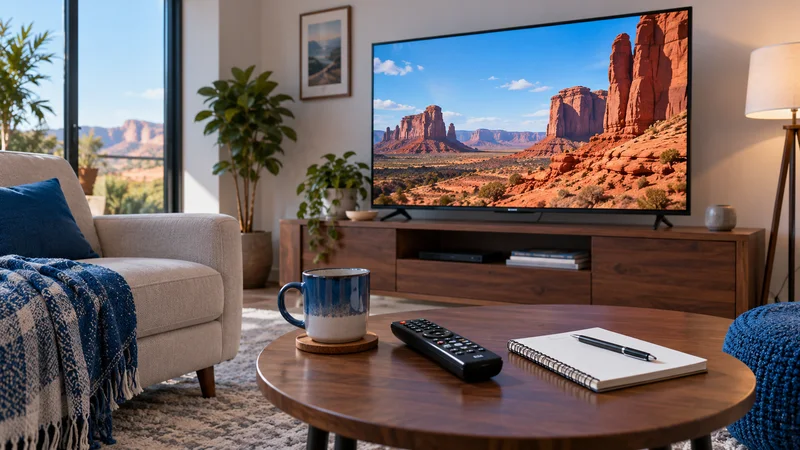 Televisão com paisagem de deserto, controle e caderno sobre mesa de madeira.