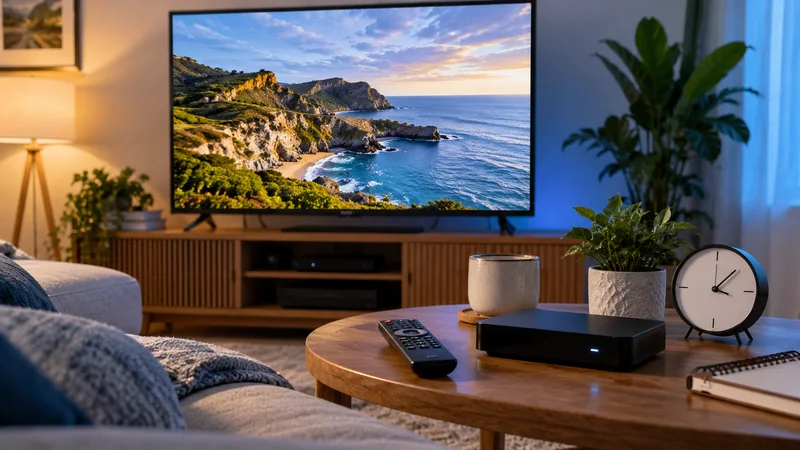 Televisão com paisagem costeira, aparelho de reprodução, controle e relógio sobre a mesa.