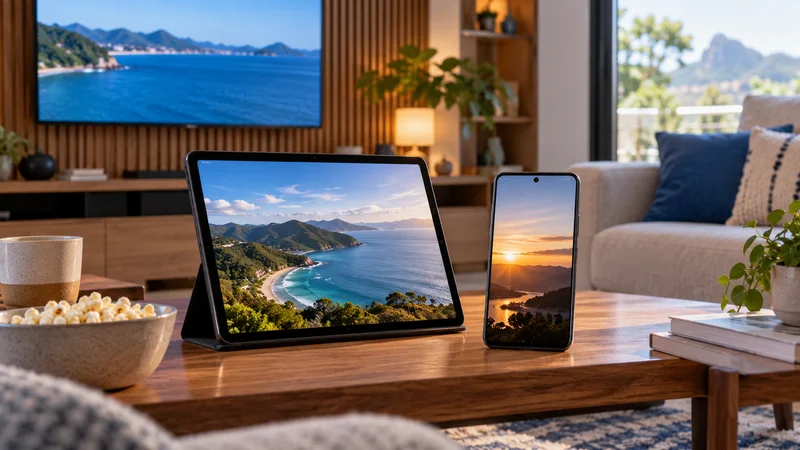 Tablet e celular com paisagens costeiras sobre mesa de centro, televisão ao fundo.