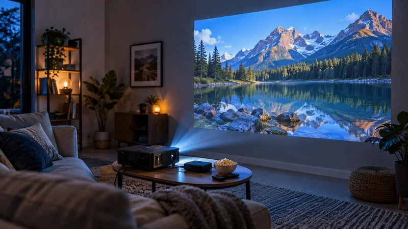 Projetor sobre mesa de centro exibindo montanhas e lago na parede de sala de estar.