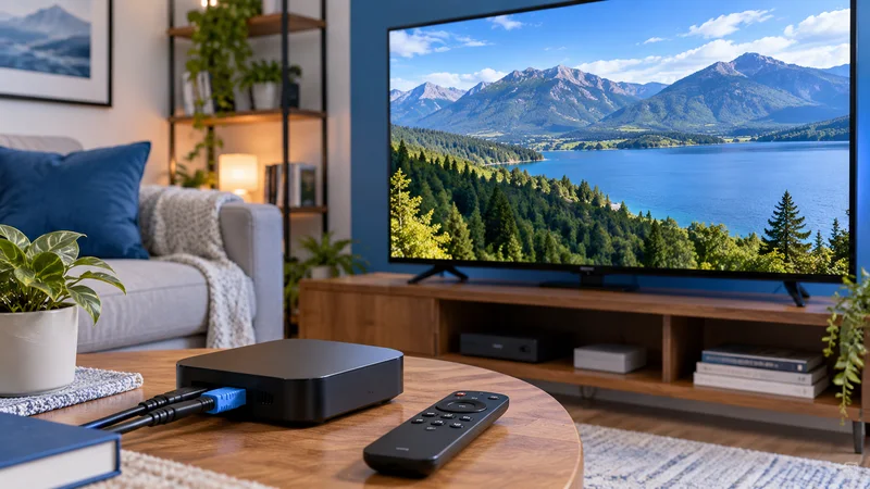 Aparelho de reprodução com cabos e controle remoto em mesa de centro, diante de televisão com paisagem de lago.