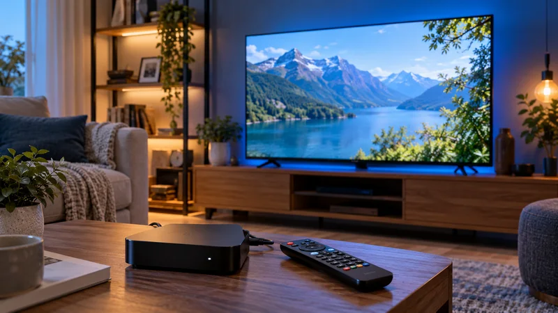Televisão com lago entre montanhas, aparelho de reprodução e controle em mesa de madeira.