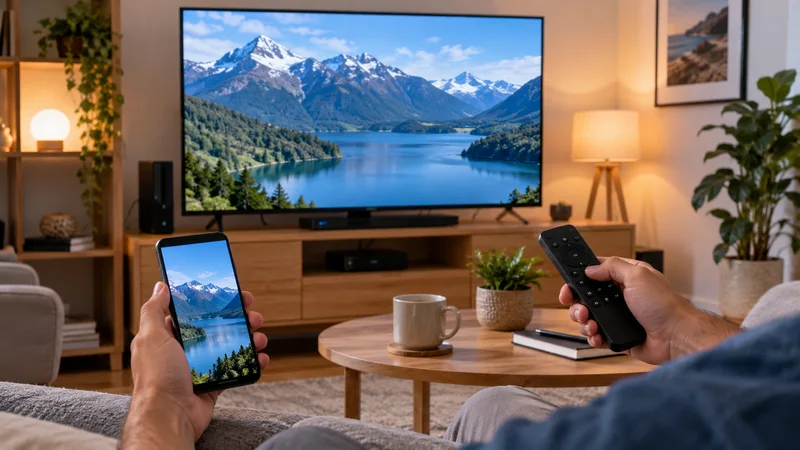 Mãos segurando celular e controle remoto diante de televisão com lago e montanhas.