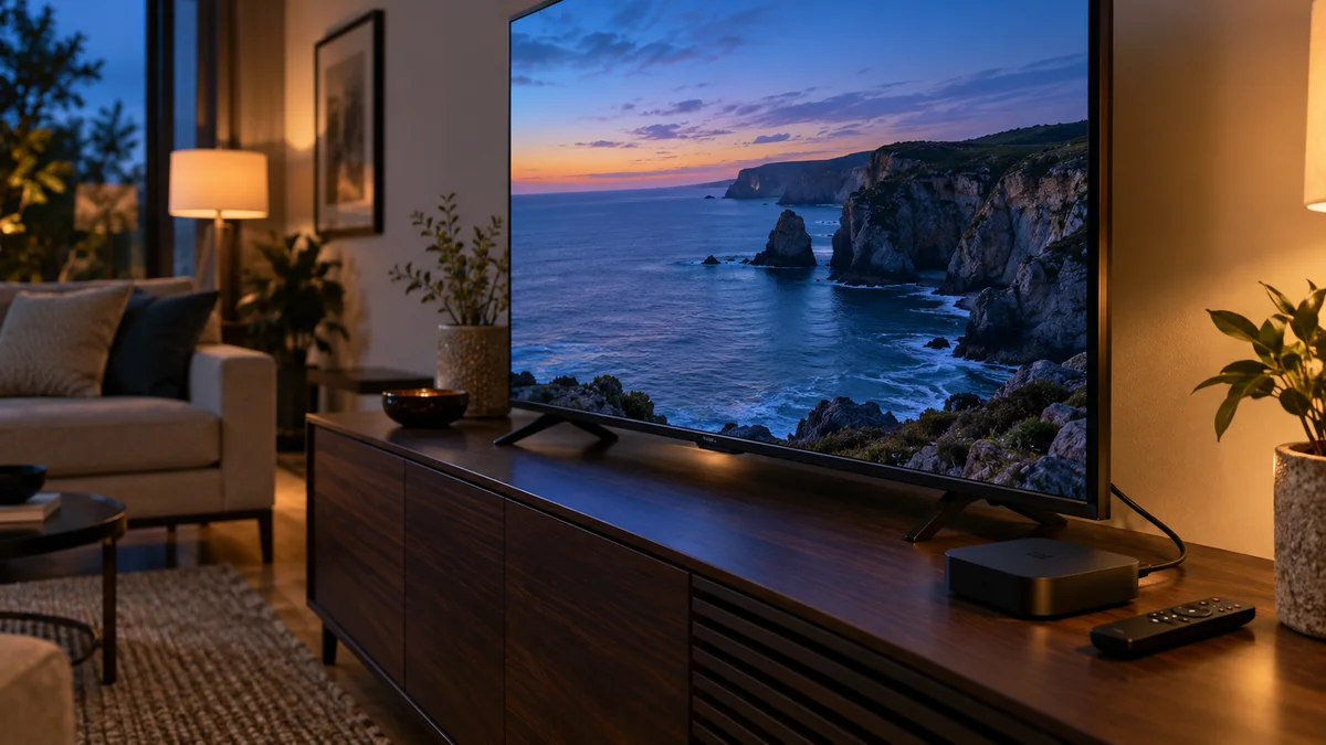 Sala ilustrativa com televisão, reprodutor e controle remoto